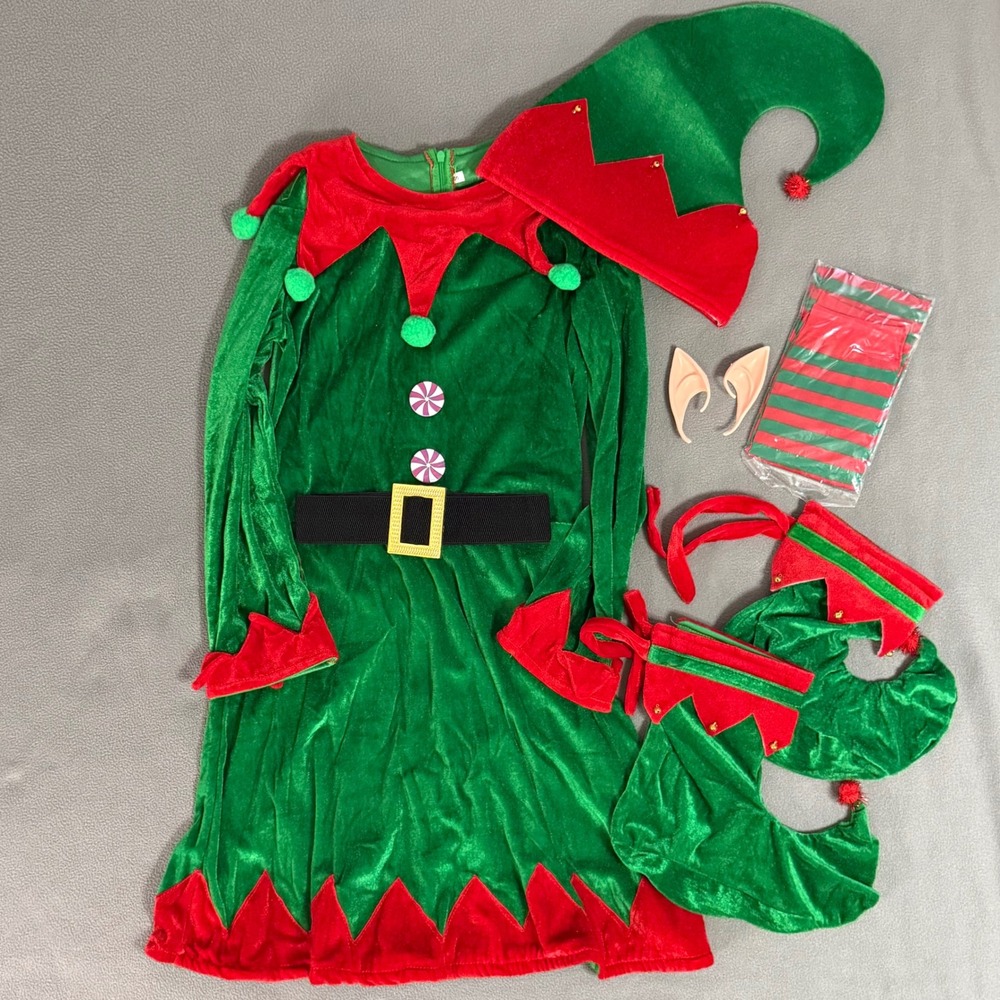 Unbranded Elf Costume Women Small Green Red New Holiday 5-Piece Set Velvet